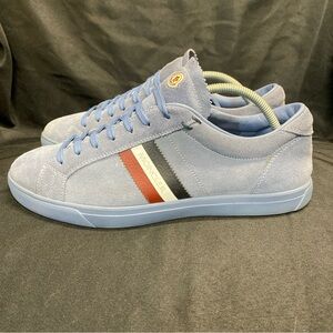 Moncler Light Blue Suede Sneakers with Tricolor Stripe